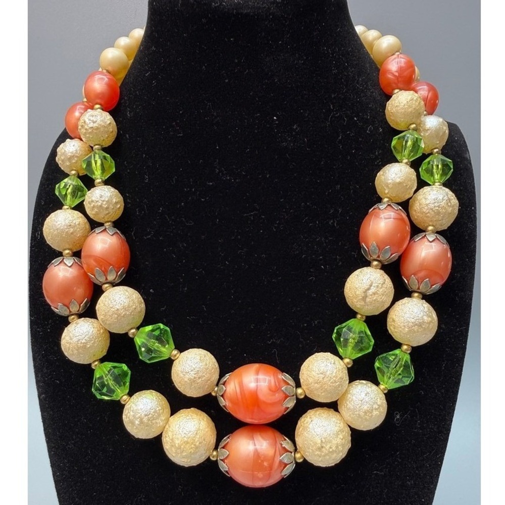 Vintage Bead Necklace 1960s Sugared Orange Green Cream Acrylic MCM 16" READ